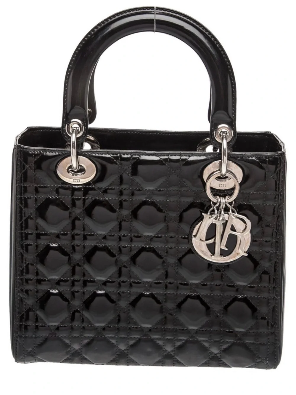 Dior Black Patent Quilted Lady Tote with Silver Hardware